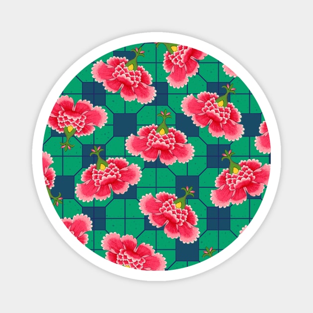 Chinese Vintage Pink and Red Flowers with Green and Blue Tile - Hong Kong Traditional Floral Pattern Magnet by CRAFTY BITCH